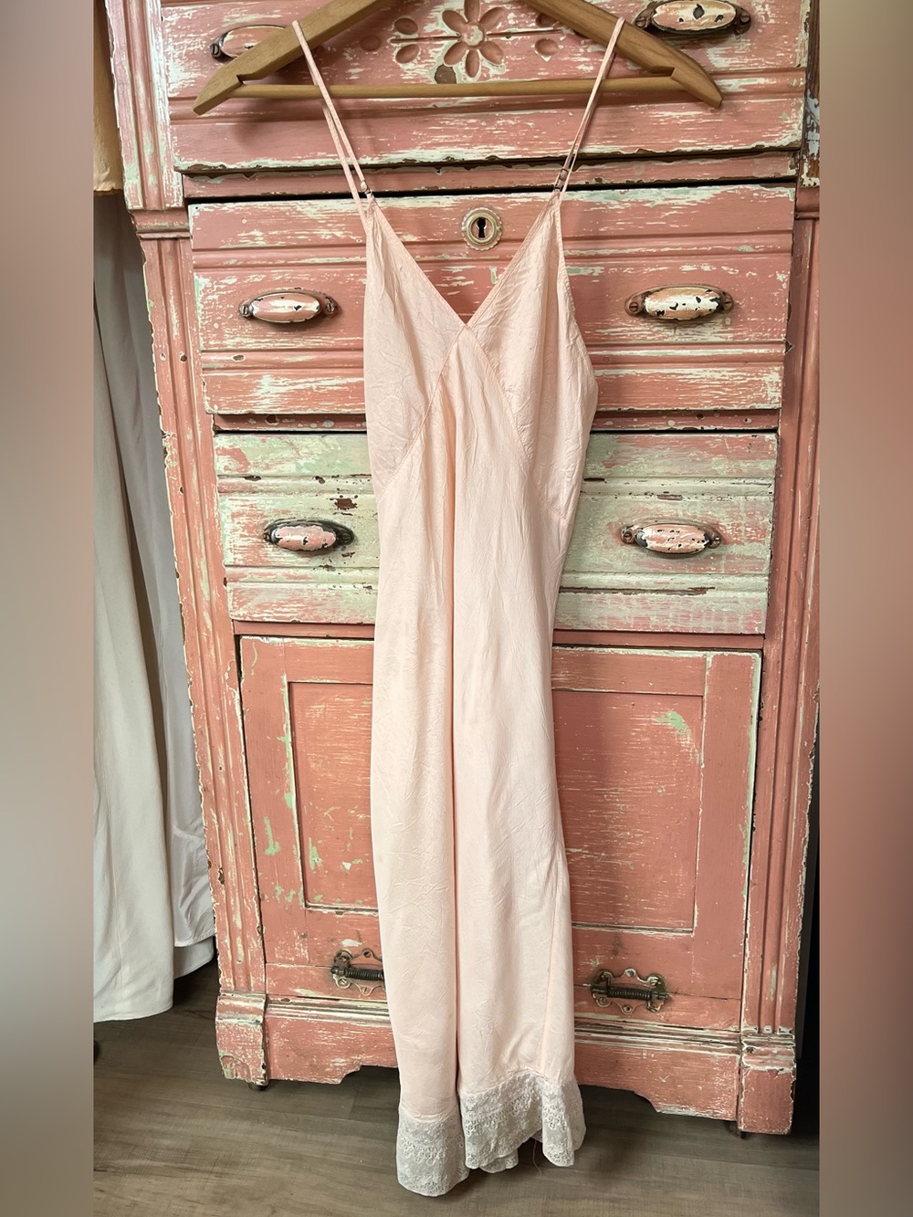 40s Art Deco Vintage Bias Cut Peach Pink Rayon Lingerie FeminineSlip Midi Dress